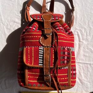 Handwoven Red Ethnic Leather-Trim Backpack